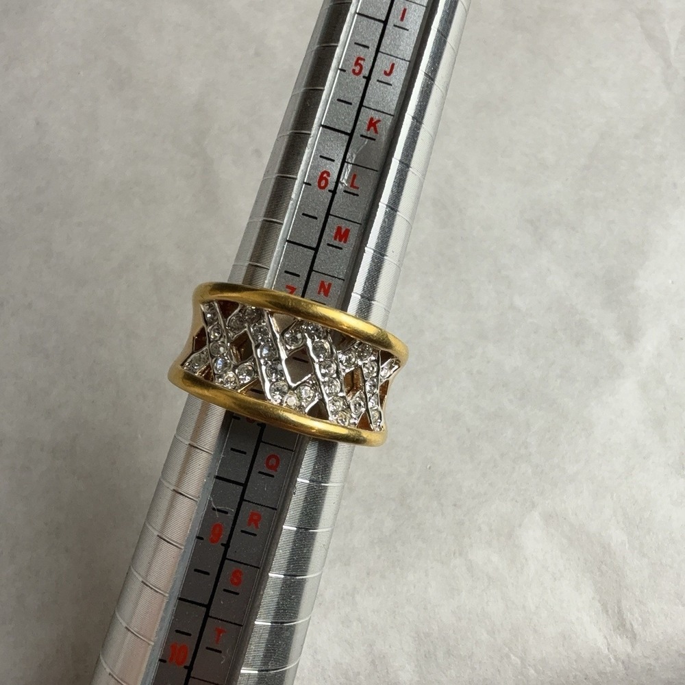 Sterling Silver Gold Plated Wide Band Ring Clear Stones Lattice Sz 7 Statement